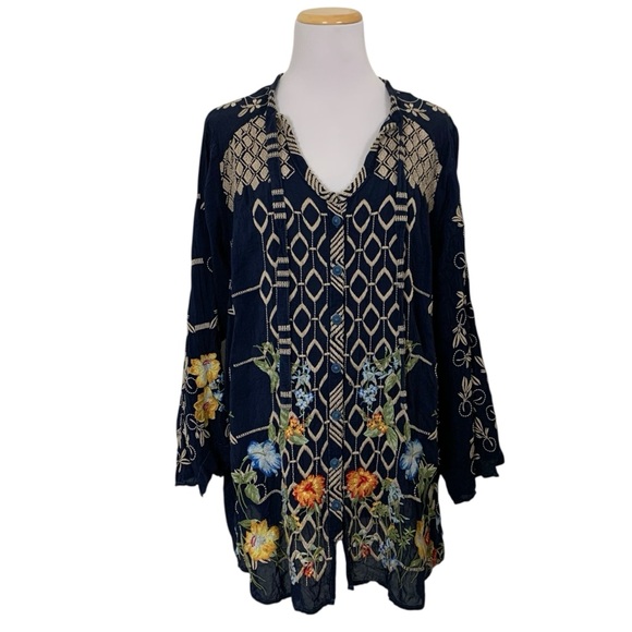 Johnny Was Floral Embroidered Tunic Top Women’s L Blue Multi Cupra Tie Neck Art - Picture 3 of 17
